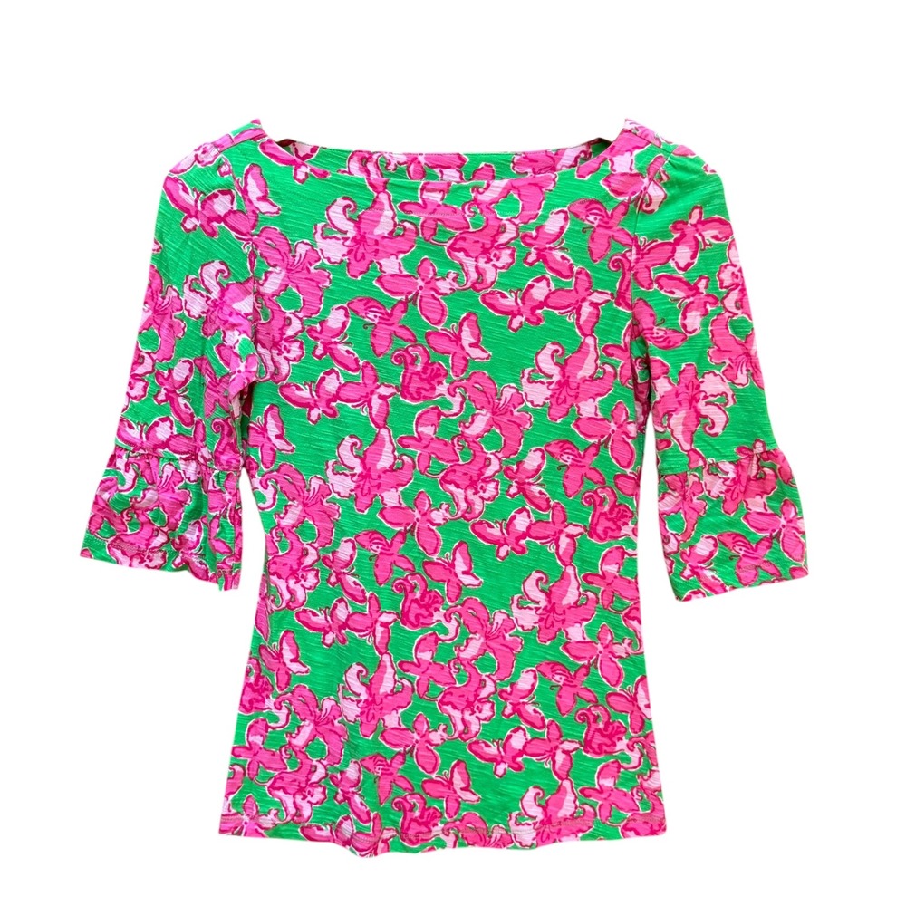 Lilly Pulitzer Belle Top XS Green Pink Floral Butterfly 3/4 Bell Sleeve Preppy